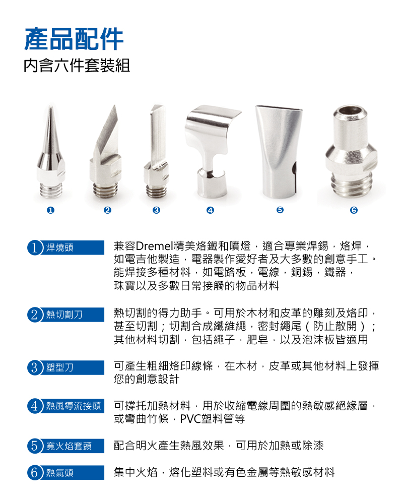 產品配件内含六件套裝組焊燒頭兼容Dremel精美烙鐵和噴燈適合專業焊錫烙焊如電吉他製造電器製作愛好者及大多數的創意手工。能焊接多種材料如電路板電線,銅錫,鐵器,珠寶以及多數日常接觸的物品材料)熱切割刀熱切割的得力助手。可用於木材和皮革的雕刻及烙印,甚至切割;切割合成纖維繩,密封繩尾防止散開 );其他材料切割,包括繩子,肥皂,以及泡沫板皆適用3)塑型刀可產生粗細烙印線條,在木材,皮革或其他材料上發揮您的創意設計(4)熱風導流接頭可撐托加熱材料,用於收縮電線周圍的熱敏感絕緣層,或彎曲竹條,PVC塑料管等5寬火焰套頭配合明火產生熱風效果,可用於加熱或除漆6)熱氣頭集中火焰,熔化塑料或有色金屬等熱敏感材料