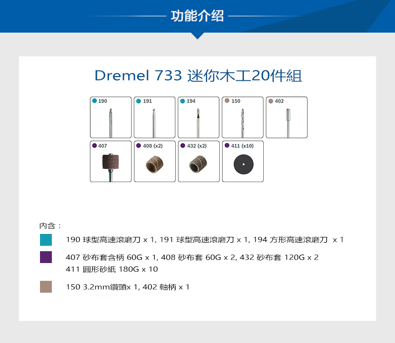 內含:功能介绍Dremel 733 迷你木工20件組190191194150402407408 (x2)432 (x2)411 ()190 球型高速滾磨刀x1,191 球型高速滾磨刀x1,194 方形高速滾磨刀 x1407 砂布套含柄60Gx1,408 砂布套 60G x2,432砂布套 120G x 2411 圓形砂紙 180Gx10150 3.2mm鑽頭x1,402軸柄x1