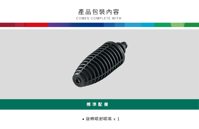 產品包裝內容COMES COMPLETE WITH標準配備旋轉噴射噴嘴1