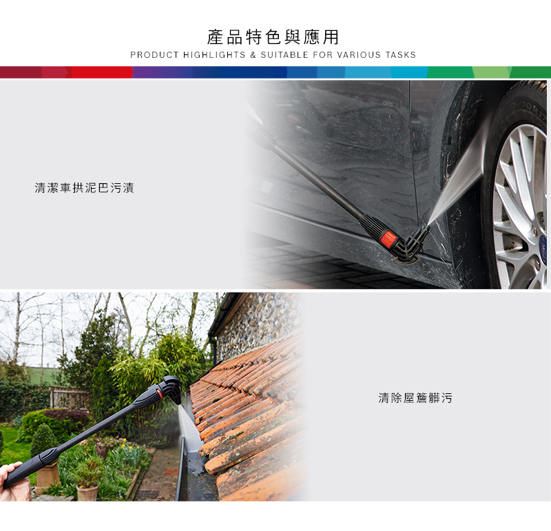 清潔車拱泥巴污漬產品特色與應用PRODUCT HIGHLIGHTS & SUITABLE FOR VARIOUS TASKS清除屋簷髒污