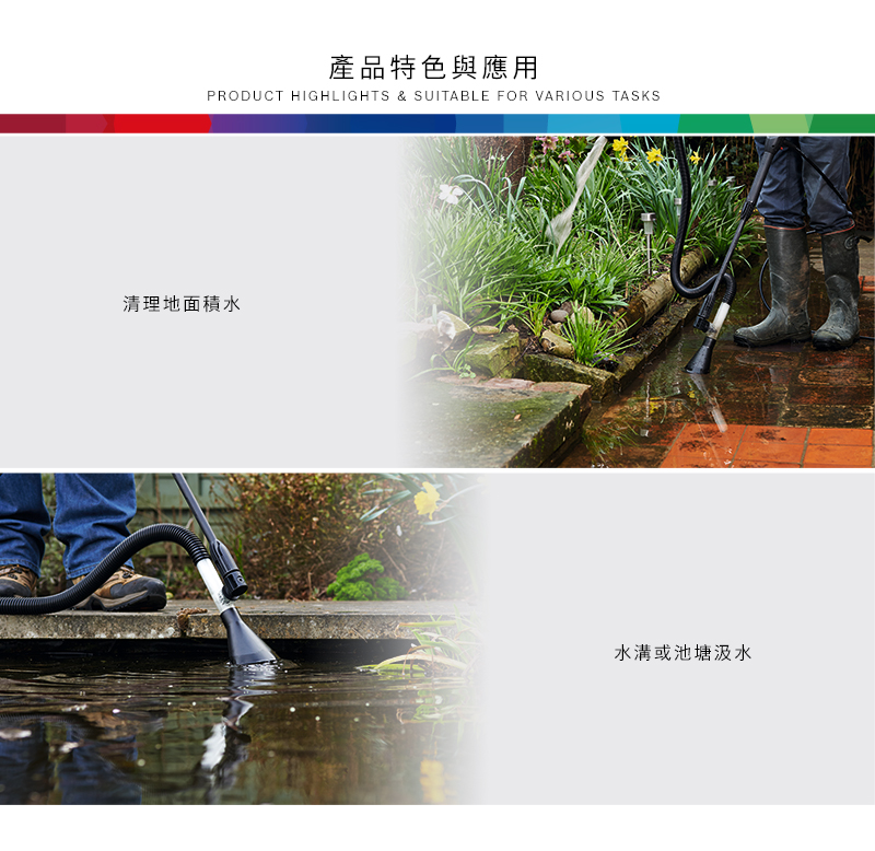 產品特色與應用PRODUCT HIGHLIGHTS & SUITABLE FOR VARIOUS TASKS清理地面積水水溝或池塘汲水