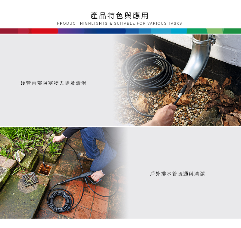 產品特色與應用PRODUCT HIGHLIGHTS & SUITABLE FOR VARIOUS TASKS硬管內部阻塞物去除及清潔戶外排水管疏通與清潔
