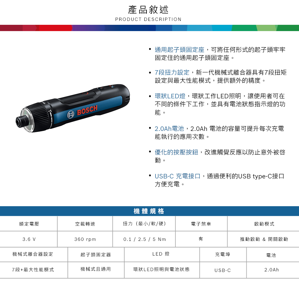 產品敘述PRODUCT DESCRIPTION通用起子頭固定座,可將任何形式的起子頭牢牢固定住的通用起子頭固定座。BOSCH 7段扭力設定,新一代機械式離合器具7段扭矩設定與最大性能模式,提供額外的精度。環狀LED燈,環狀工作LED照明,讓使用者可在不同的條件下工作,並具有電池狀態指示燈的功能。 2.0Ah電池,2.0Ah 電池的容量可提升每次充電能執行的應用次數。優化的按壓按鈕,改進觸覺反應以防止意外被動。• USB-C 充電接口,通過便利的USB type-C接口方便充電。機體規格額定電壓空載轉速扭力(最小/軟/硬)電子煞車啟動模式3.6 V360 rpm0.1 / 2.5 / 5 Nm有推動啟動 & 開關啟動機械式離合器設定起子頭固定器LED 燈充電埠電池7段+最大性能模式機械式且通用環狀LED照明與電池狀態USB-C2.0Ah