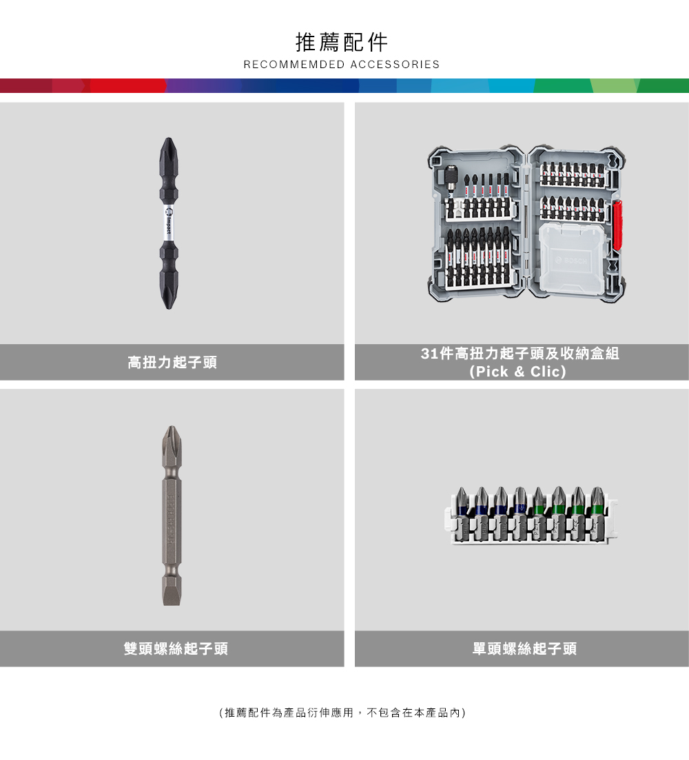 高扭力起子頭雙頭螺絲起子頭推薦配件RECOMMEMDED ACCESSORIES31件高扭力起子頭及收納盒組(Pick & Clic(推薦配件為產品衍伸應用,不包含在本產品內)單頭螺絲起子頭