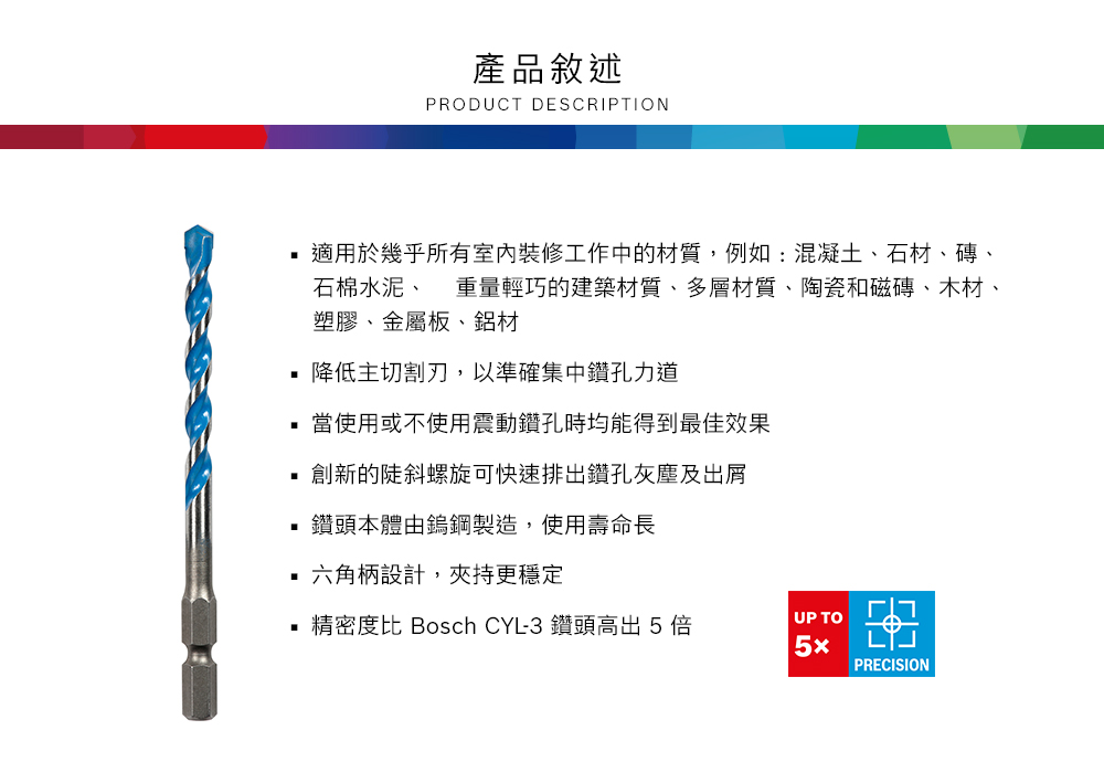 產品敘述PRODUCT DESCRIPTION 適用於幾乎所有裝修工作中的材質,例如:混凝土、石材、磚、石棉水泥、 重量輕巧的建築材質、多層材質、陶瓷和磁磚、木材、塑膠、金屬板、鋁材降低主切割,以準確集中鑽孔力道當使用或不使用震動鑽孔時均能得到最佳效果創新的陡斜螺旋可快速排出鑽孔灰塵及出屑鑽頭本體由鎢鋼製造,使用壽命長六角柄設計,夾持更穩定精密度比 Bosch CYL-3 鑽頭高出5倍UP TOPRECISION