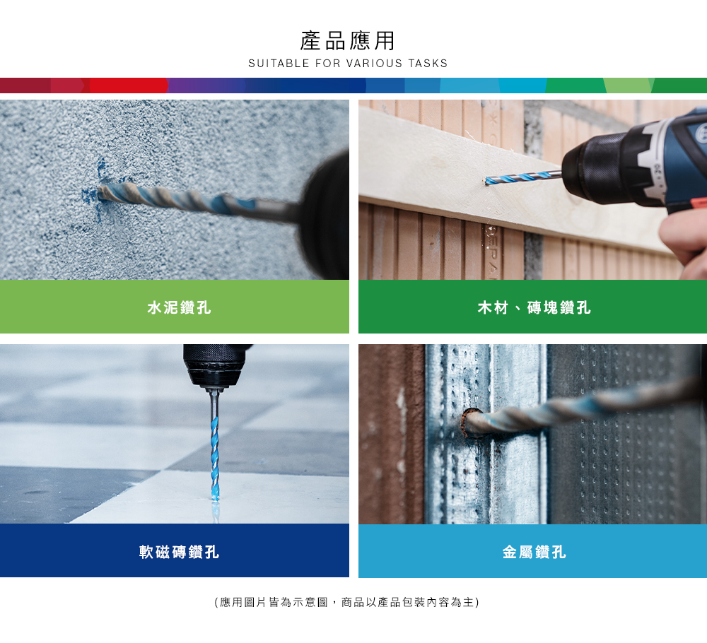 產品應用SUITABLE FOR VARIOUS TASKS水泥鑽孔木材、磚塊鑽孔軟磁磚鑽孔(應用圖片皆為示意圖,商品以產品包裝內容為主)金屬鑽孔