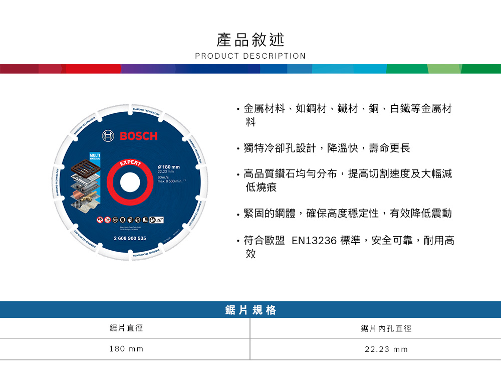 EXPERT 10mm2223mm80m/s 8 500 min2 608 900 535鋸片直徑180 mm產品敘述PRODUCT DESCRIPTION金屬材料、如鋼材、鐵材、銅、白鐵等金屬材料獨特冷卻孔設計,降溫快,壽命更長.高品質鑽石均勻分布,提高切割速度及大幅減低燒痕緊固的鋼體,確保高度穩定性,有效降低震動符合歐盟 EN13236 標準,安全可靠,耐用高效鋸片規格鋸片孔直徑22.23 mm