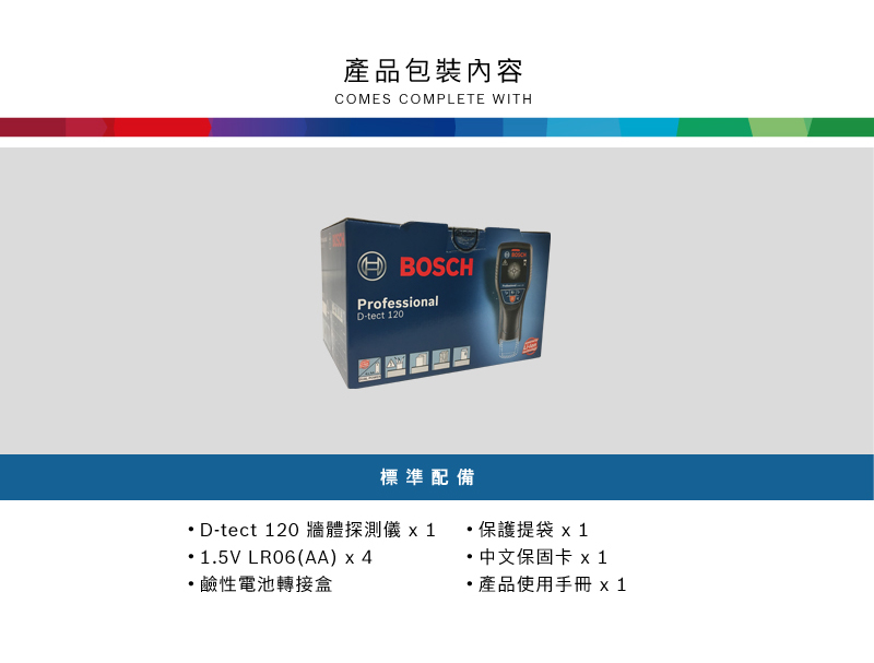產品包裝內容COMES COMPLETE WITH BOSCHProfessionalDitect 120標準配備D-tect 120 牆體探測儀 x11.5V LR06(AA) x 4鹼性電池轉接盒保護提袋x1 中文保固卡 x1產品使用手冊 x 1