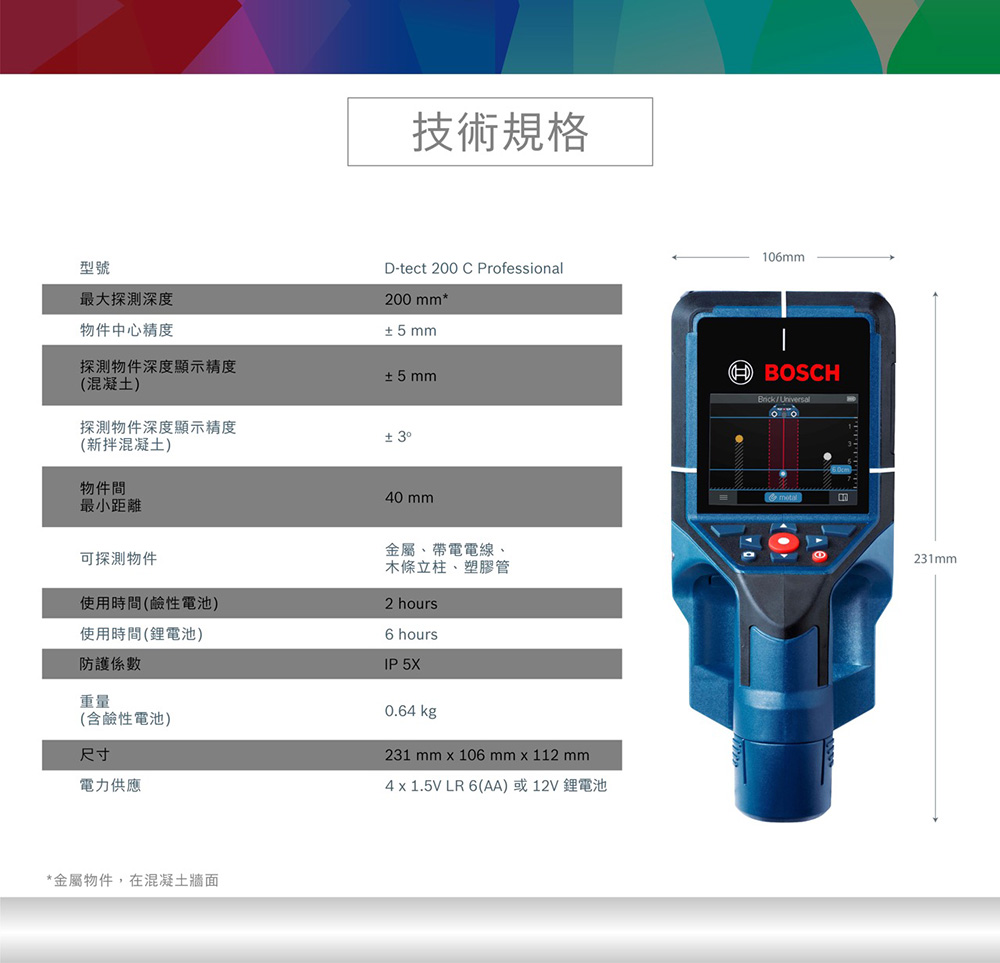 型號最大探測深度物件中心精度探測物件深度顯示精度(混凝土)技術規格D-tect 200 C Professional200mm*5 mm106mm±5mm探測物件深度顯示精度± (新拌混凝土)物件間最小距離可探測物件使用時間(鹼性電池)使用時間(鋰電池)防護係數重量40 mm金屬、帶電電線、木條立柱、塑膠管2 hours6 hoursIP5X(含鹼性電池)尺寸電力供應064 kg231 mm  106 mm x 112 mm4 x 1.5V LR 6(AA)或12V鋰電池*金屬物件,在混凝土牆面HBOSCH/Universal231mm.