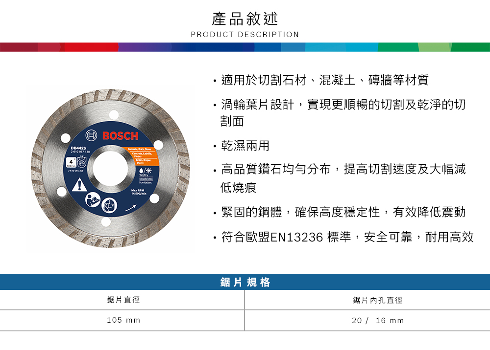DB42S 4BOSCH產品敘述PRODUCT DESCRIPTION  14,500適用於切割石材、混凝土、磚牆等材質渦輪葉片設計,實現更順暢的切割及乾淨的切割面乾濕兩用高品質鑽石均勻分布,提高切割速度及大幅減低燒痕緊固的鋼體,確保高度穩定性,有效降低震動符合歐盟EN13236 標準,安全可靠,耐用高效鋸片規格鋸片直徑105 mm鋸片孔直徑20 / 16 mm