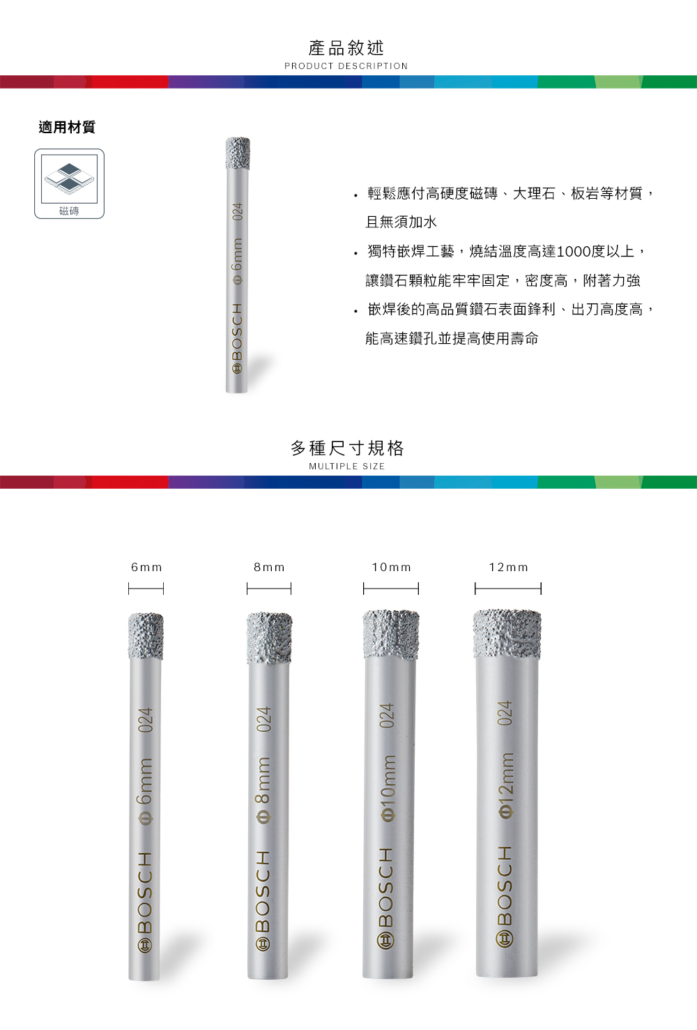 @BOSCH  024磁磚適用材質@BOSCH  024多種尺寸規格MULTIPLE SIZE6mm8mm10mm@BOSCH 024BOSCH①10mm 024@BOSCH 02412mm產品敘述PRODUCT DESCRIPTION輕鬆應付高硬度磁磚、大理石、板岩等材質,且無須加水獨特嵌焊工藝,燒結溫度高達1000度以上,讓鑽石顆粒能牢牢固定,密度高,附著力強嵌焊後的高品質鑽石表面鋒利、出高度高,能高速鑽孔並提高使用壽命