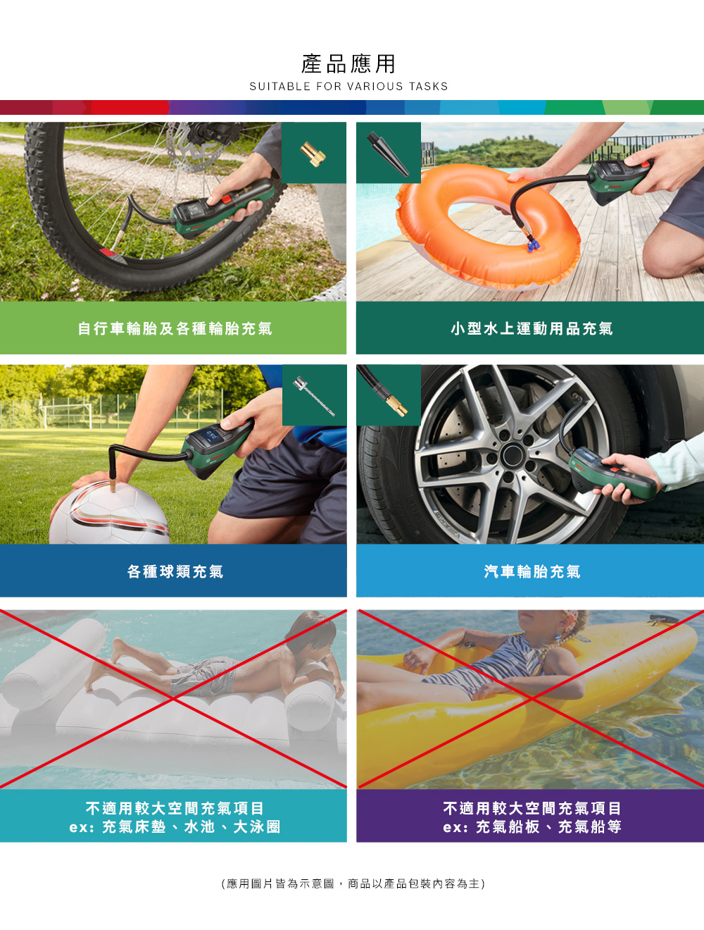 產品應用SUITABLE FOR VARIOUS TASKS自行車輪胎及各種輪胎充氣小型水上運動用品充氣各種球類充氣汽車輪胎充氣不適用較大空間充氣項目ex:充氣床墊、水池、大泳圈不適用較大空間充氣項目ex:充氣船板、充氣船等(應用圖片皆為示意圖,商品以產品包裝內容為主)