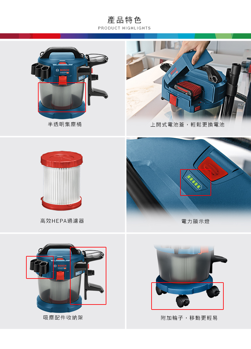 BOSCH產品特色PRODUCT HIGHLIGHTS半透明集塵桶上開式電池蓋,輕鬆更換電池高效HEPA過濾器電力顯示燈BOSCH吸塵配件收納架附加輪子,移動更輕易