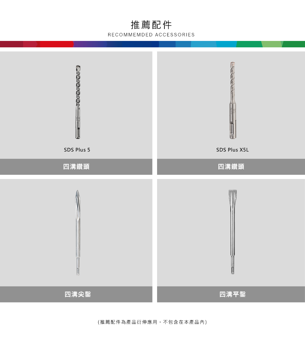 推薦配件RECOMMEMDED ACCESSORIESSDS Plus 5SDS Plus X5L四溝鑽頭四溝尖鑿(推薦配件為產品衍伸應用,不包含在本產品內)四溝鑽頭四溝平鑿