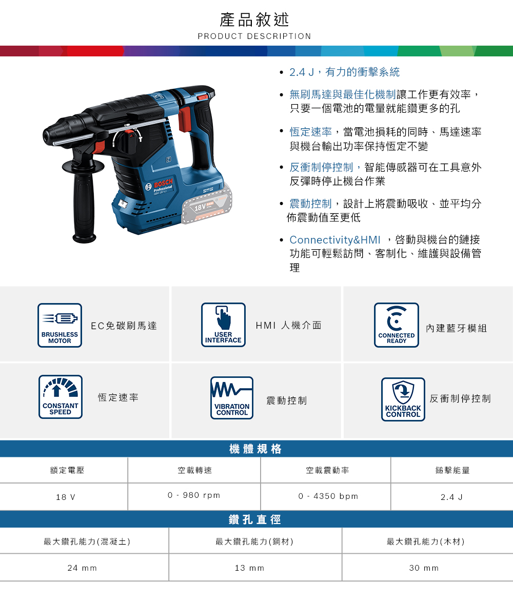 OSCHBEC免碳刷馬達BRUSHLESSMOTOR產品敘述PRODUCT DESCRIPTION2.4 J,有力的衝擊系統無刷馬達與最佳化機制讓工作更有效率,只要一個電池的電量就能鑽更多的孔恆定速率,當電池損耗的同時、馬達速率與機台輸出功率保持恆定不變反衝制停控制,智能傳感器可在工具意外反彈時停止機台作業\震動控制,設計上將震動吸收、並平均分佈震動值至更低USERINTERFACE Connectivity&,啟動與機台的鏈接功能可輕鬆訪問、客制化、維護與設備管理HMI 人機介面內建藍牙模組CONNECTEDREADY恆定速率震動控制反衝制停控制CONSTANTSPEEDVIBRATIONCONTROLKICKBACKCONTROL機體規格額定電壓空載轉速空載震動率鎚擊能量18 V980rpm0 - 4350 bpm2.4 J鑽孔直徑最大鑽孔能力(混凝土)最大鑽孔能力(鋼材)最大鑽孔能力(木材)24 mm13 mm30 mm