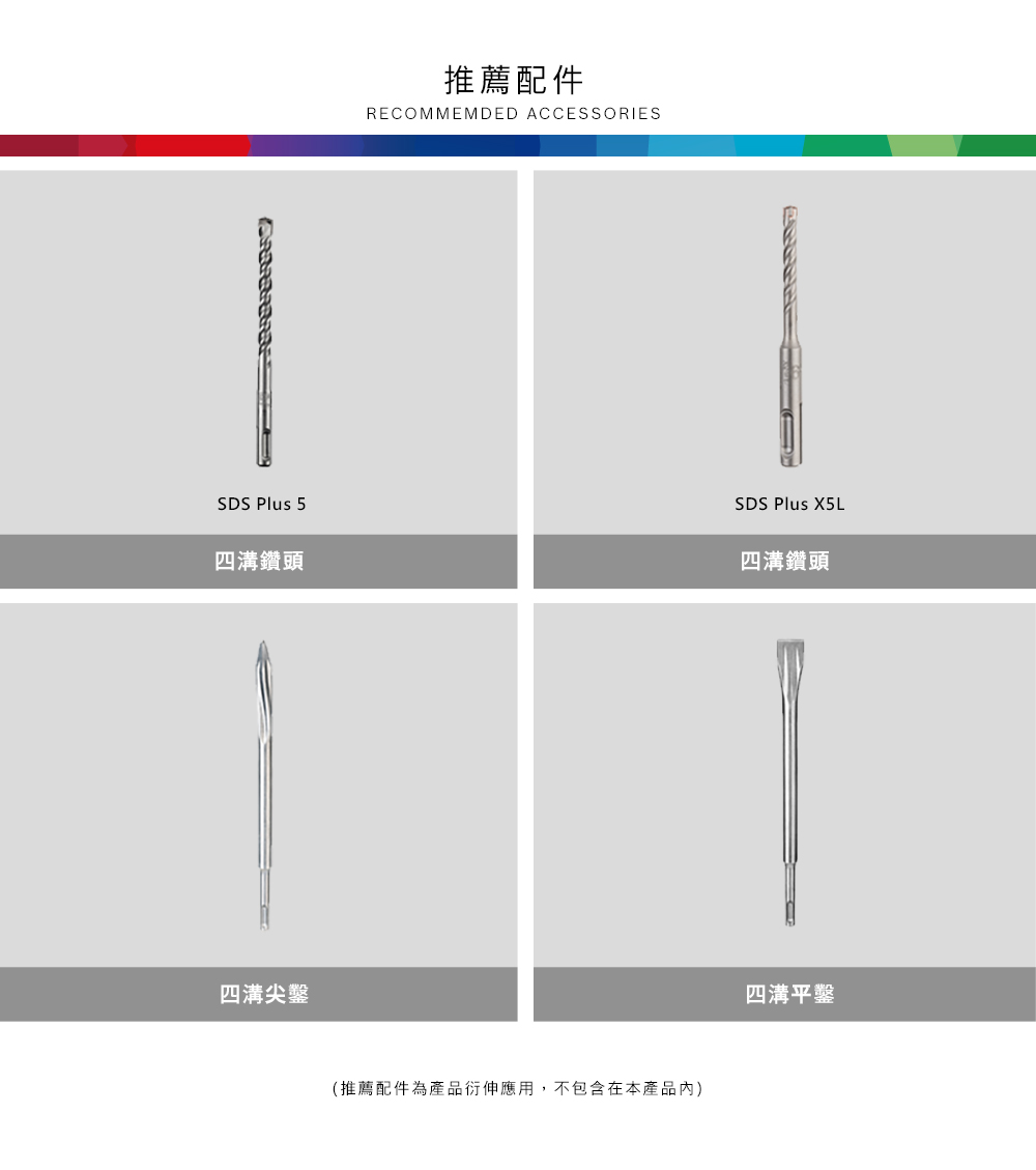 SDS Plus 5四溝鑽頭四溝尖鑿推薦配件RECOMMEMDED ACCESSORIES(推薦配件為產品衍伸應用,不包含在本產品內)SDS Plus X5L四溝鑽頭四溝平鑿