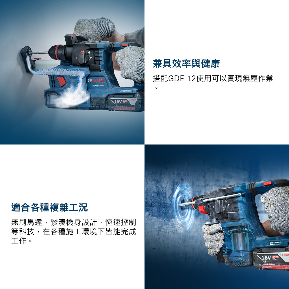 適合各種複雜工況無刷馬達、緊湊機身設計、恆速控制等科技,在各種施工環境下皆能完成工作兼具效率與健康搭配GDE 12使用可以實現無塵作業。18V