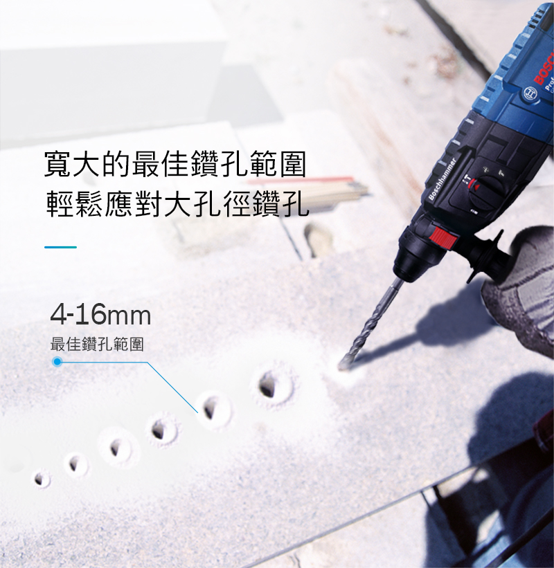 寬大的最佳鑽孔範圍輕鬆應對大孔徑鑽孔4-16mm最佳鑽孔範圍Boschhammer