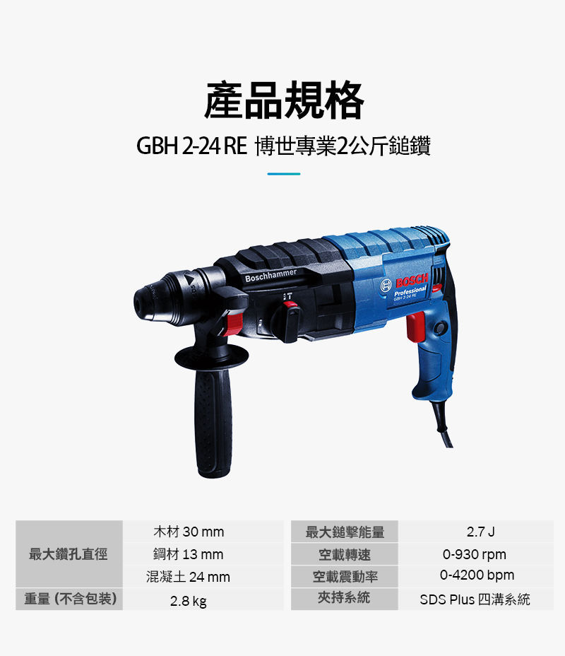 產品規格GBH 2-24 RE 博世專業2公斤鎚鑽BoschhammerTBOSCHProfessional木材 30 mm最大鎚擊能量最大鑽孔直徑鋼材 13 mm空載轉速混凝土24mm空載震動率2.7 J0-930 rpm0-4200 bpm重量(不含包装2.8 kg夾持系統 Plus 四溝系統
