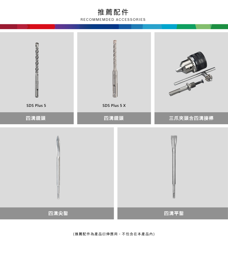 推薦配件RECOMMEMDED ACCESSORIESSDS Plus 5SDS Plus 5 四溝鑽頭四溝鑽頭三爪夾頭含四溝接桿四溝尖鑿(推薦配件為產品衍伸應用,不包含在本產品)四溝平鑿