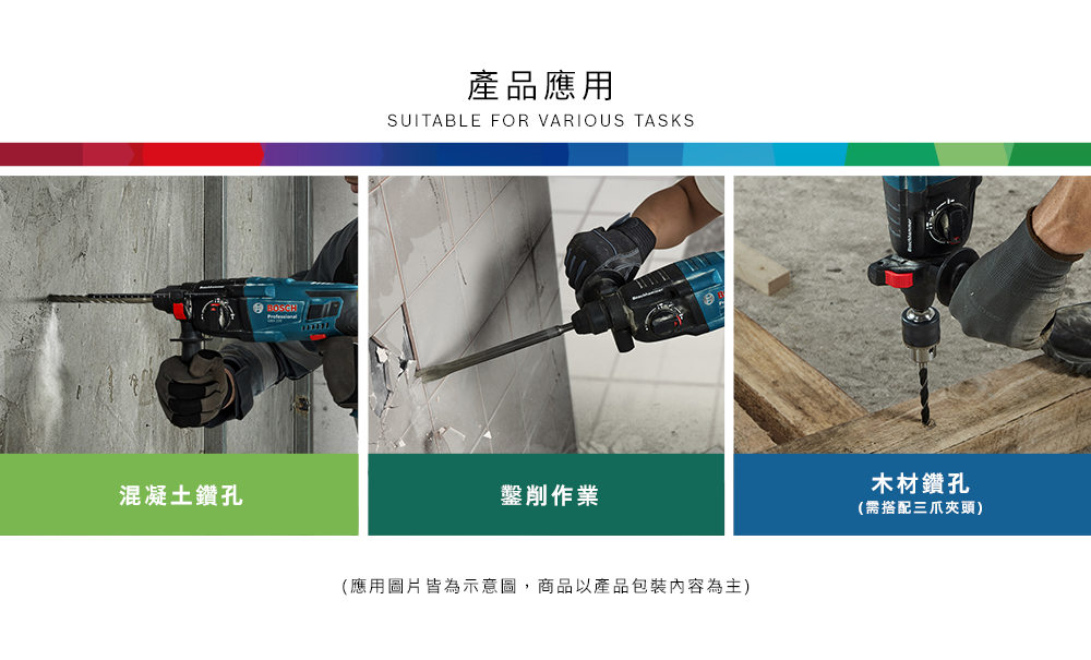 混凝土鑽孔產品應用SUITABLE FOR VARIOUS TASKS鑿削作業(應用圖片皆為示意圖,商品以產品包裝內容為主)木材鑽孔(需搭配三爪夾頭)