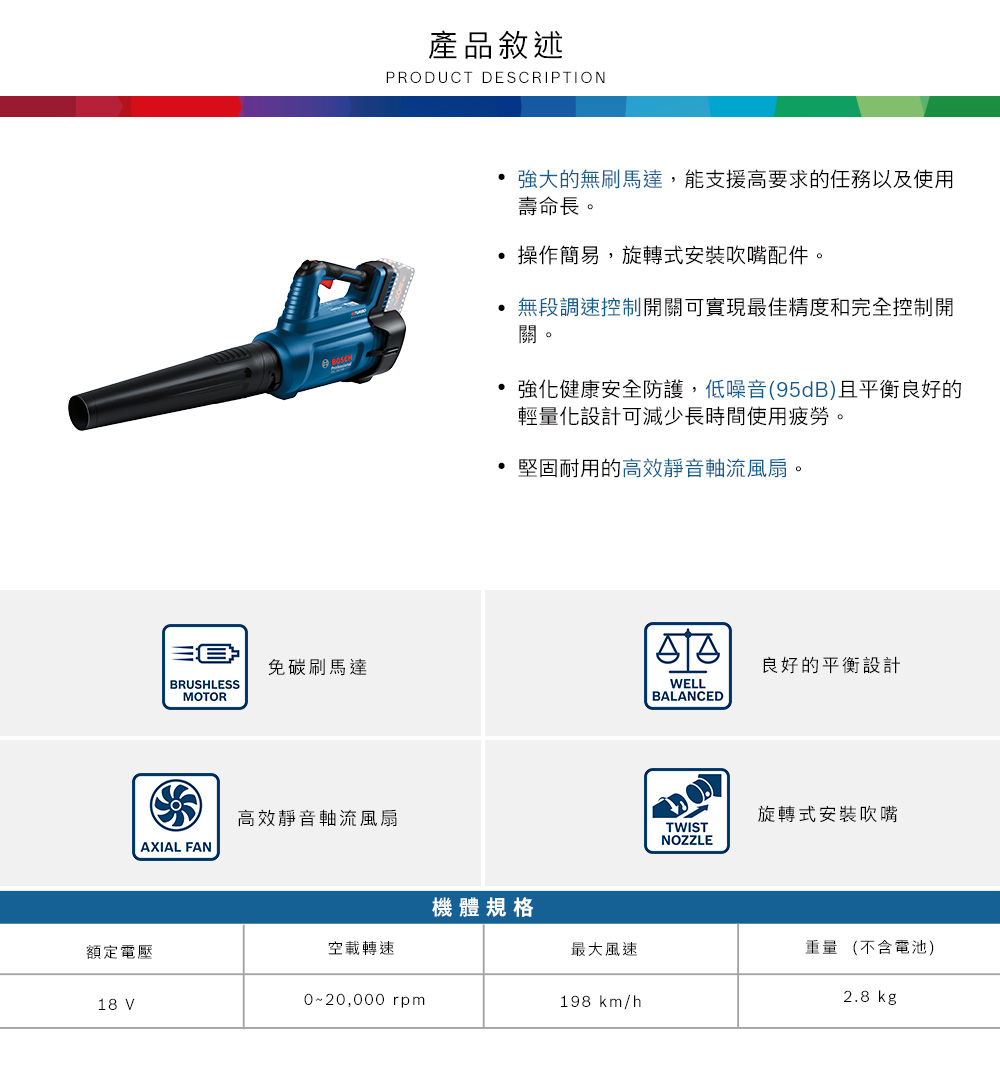 免碳刷馬達BRUSHLESSMOTORAXIAL FAN產品敘述PRODUCT DESCRIPTION高效靜音軸流風扇強大的無刷馬達,能支援高要求的任務以及使用壽命長。 操作簡易,旋轉式安裝吹嘴配件。無段調速控制開關可實現最佳精度和完全控制開關。強化健康安全防護,低噪音(95dB)且平衡良好的輕量化設計可減少長時間使用疲勞。堅固耐用的高效靜音軸流風扇。WELLBALANCED良好的平衡設計旋轉式安裝吹嘴TWISTNOZZLE機體規格額定電壓空載轉速最大風速重量(不含電池)18 V0~20,000 rpm198 km/h2.8 kg