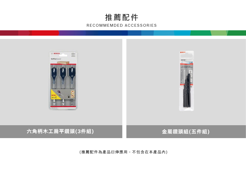BOSCH NEW推薦配件RECOMMEMDED ACCESSORIES六角柄木工扁平鑽頭(3件組)2/3/4/5/6金屬鑽頭組(五件組)(推薦配件為產品衍伸應用,不包含在本產品)