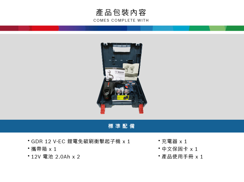 產品包裝內容COMES COMPLETE WITH標準配備GDR 12 V-EC 鋰電免碳刷衝擊起子機 攜帶箱  12V 電池 20Ah x 2充電器  中文保固卡 x 1.產品使用手冊x1