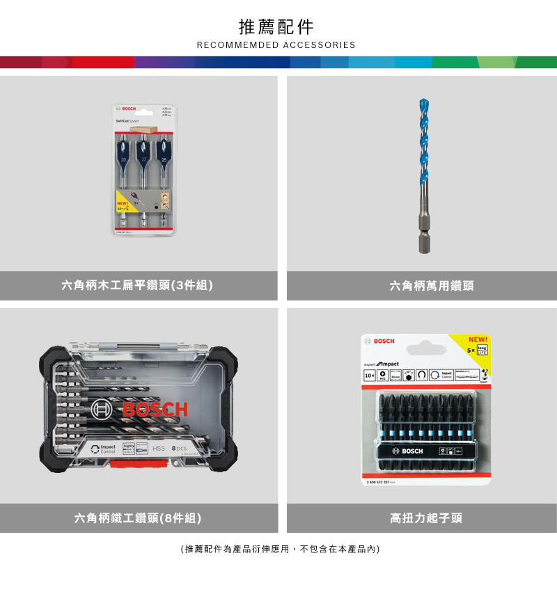 推薦配件RECOMMEMDED ACCESSORIES六角柄木工扁平鑽頭(3件組)六角柄萬用鑽頭BOSCHImpactHSS 8pcs六角柄鐵工鑽頭(8件組)BOSCHNEW!5 (推薦配件為產品衍伸應用,不包含在本產品)BOSCH高扭力起子頭
