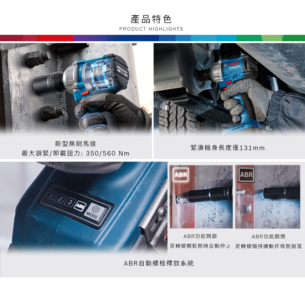 產品特色PRODUCT HIGHLIGHTS新型無刷馬達最大鎖緊/卸載扭力:350/560 Nm1 2 3 ABRMODEABR緊湊機身長度僅131mmABRABR功能開啟ABR功能關閉反轉螺帽鬆開時自動停止反轉螺帽持續動作導致脫落ABR自動螺栓釋放系統