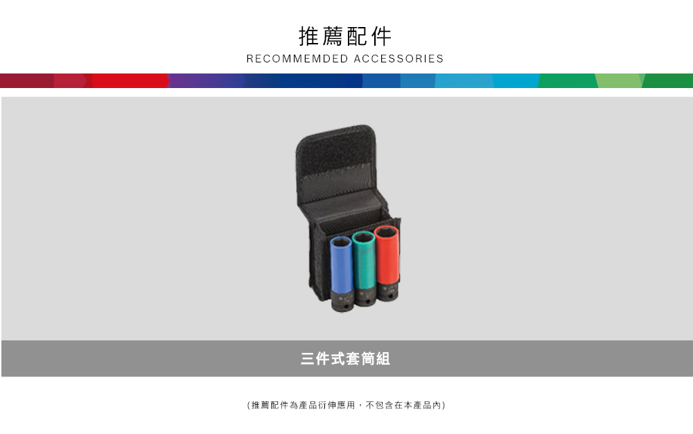 推薦配件RECOMMEMDED ACCESSORIES三件式套筒組(推薦配件為產品衍伸應用,不包含在本產品內)