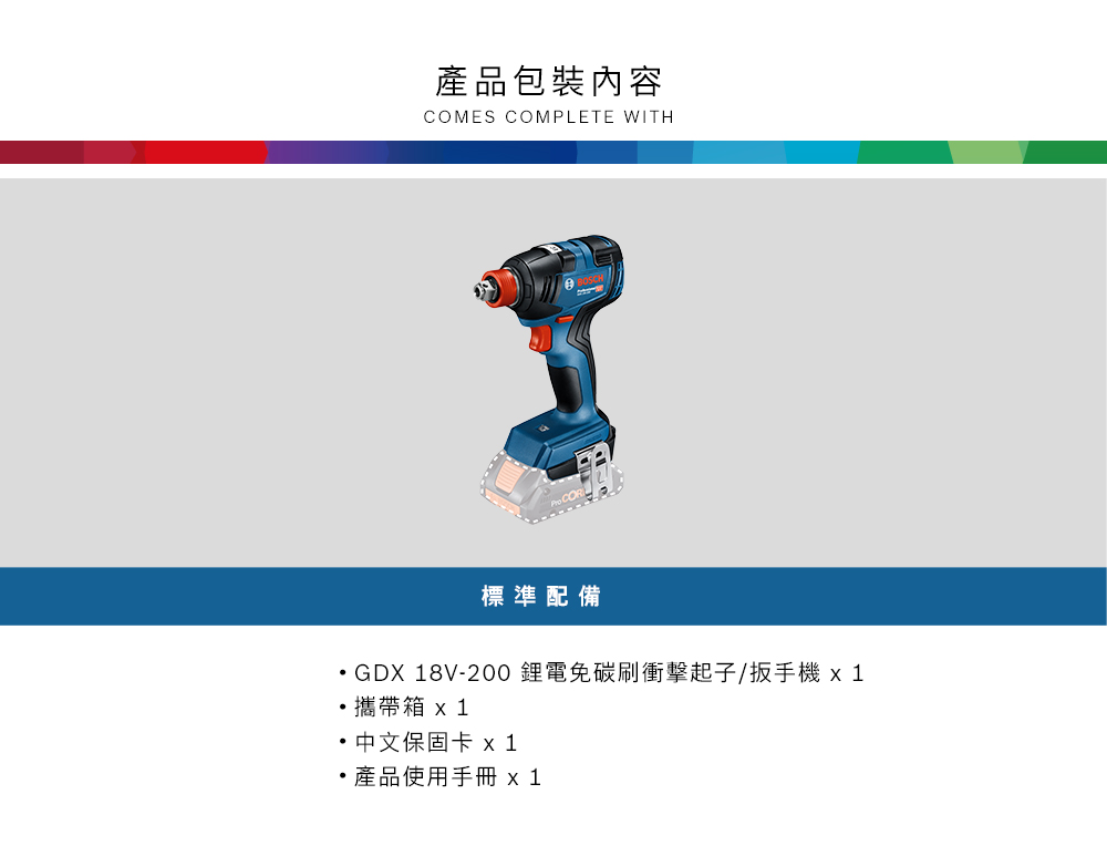 產品包裝內容COMES COMPLETE WITH標準配備GDX 18V-200 鋰電免碳刷衝擊起子/手機 攜帶箱  1 中文保固卡 產品使用手冊 x1
