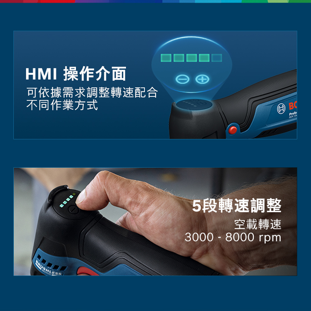 HMI 操作介面可依據需求調整轉速配合不同作業方式□□5段轉速調整空載轉速3000 - 8000 rpmProfe
