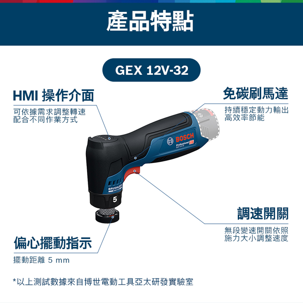 HMI 操作介面可依據需求調整轉速配合不同作業方式產品特點GEX 12V-32免碳刷馬達持續穩定動力輸出高效率節能BOSCH偏心擺動指示擺動距離 5mm*以上測試數據來自博世電動工具亞太研發實驗室調速開關無段變速開關依照施力大小調整速度