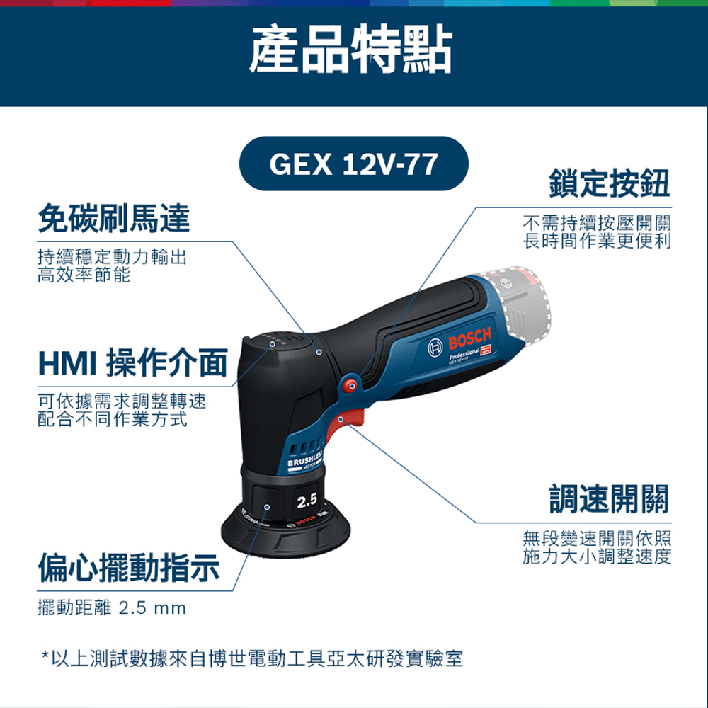 產品特點免碳刷馬達持續穩定動力輸出高效率節能GEX 12V77鎖定按鈕不需持續按壓開關長時間作業更便利HMI 操作介面可依據需求調整轉速配合不同作業方式-2.5偏心擺動指示擺動距離 2.5 mm*以上測試數據來自博世電動工具亞太研發實驗室BOSCHProfessional調速開關無段變速開關依照施力大小調整速度