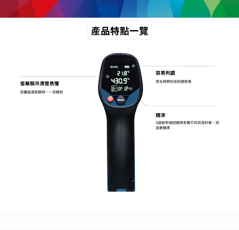 產品特點一覽SCAN容易判讀螢幕顯示清楚易懂430.9背光照明科技判讀容易測量值清楚闡明,一目瞭然Mode精準3發射率級別適用各種不同測溫材質,測溫更精準