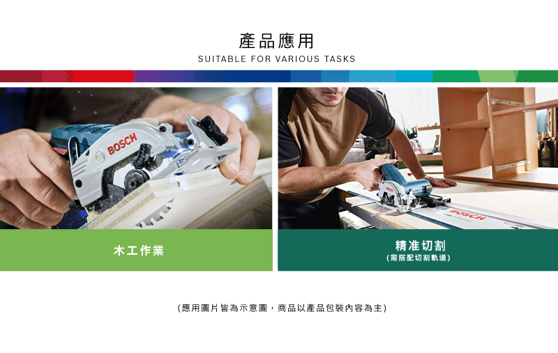 BOSCH產品應用SUITABLE FOR VARIOUS TASKS木工作業(應用圖片皆為示意圖,商品以產品包裝內容為主)精准切割(需搭配切割軌道)BOSCH