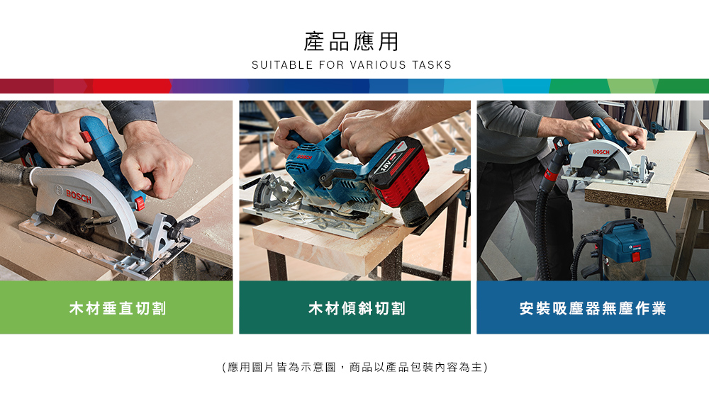 木材垂直切割產品應用SUITABLE FOR VARIOUS TASKS木材傾斜切割(應用圖片皆為示意圖,商品以產品包裝內容為主)BOSCH安裝吸塵器無塵作業
