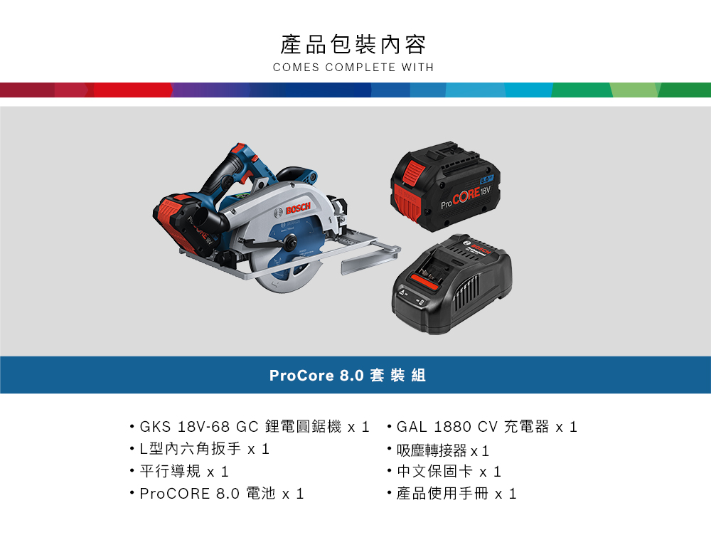 產品包裝內容COMES COMPETE WITHBOSCH CORE ProCore 8.0套裝組GKS 18V-68GC 鋰電圓鋸機L型六角扳手 平行導規ProCORE 8.0 電池 x 1GAL 1880 CV充電器吸塵轉接器x1中文保固卡 x1·產品使用手冊 x1