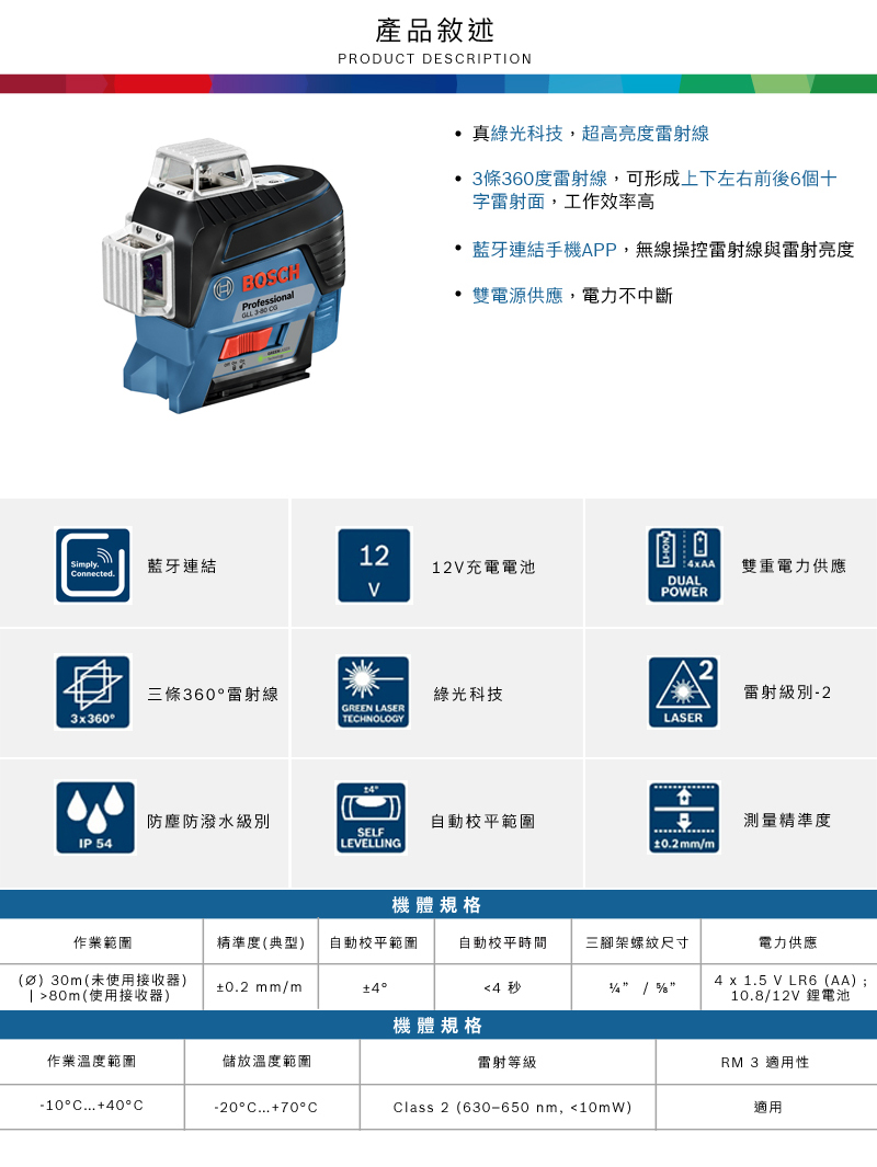BOSHProfessional  產品敘述PRODUCT DESCRIPTION真綠光科技,超高亮度雷射線 3條360度雷射線,可形成上下左右前後6個十字雷射面,工作效率高 藍牙連結手機APP,無線操控雷射線與雷射亮度雙電源供應,電力不中斷12 Simply藍牙連結 Connected.12充電電池V雙重電力供應DUALPOWER2三條360雷射線綠光科技雷射級別-2GREEN LASER3x360°TECHNOLOGYLASER防塵防潑水級別自動校平範圍測量精準度SELFIP 5LEVELLING0.2mm/m機體規格作業範圍精準度(典型) 自動校平範圍自動校平時間三腳架螺紋尺寸電力供應()30m(未使用接收器)80m(使用接收器)±0.2 mm/m±4°4 秒  4 x 1.5 V LR6(AA);10.8/12V 鋰電池機體規格作業溫度範圍儲放溫度範圍雷射等級RM 3 適用性-10°C...+40°C-20°C...+70°CClass 2(630-650 nm,10mW)適用