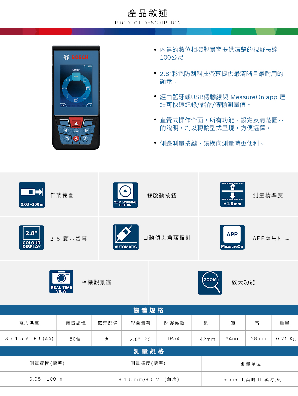 LengthH產品敘述PRODUCT DESCRIPTION內建的數位相機觀景窗提供清楚的視野長達100公尺。 2.8彩色防刮科技螢幕提供最清晰且最耐用的顯示。 經由藍牙或USB傳輸線與 MeasureOn app 連結可快速紀錄/儲存/傳輸值。 直覺式操作介面,所功能、設定及清楚圖示的說明,均以轉輪型式呈現,方便選擇。側邊測量按鍵,讓橫向測量時更便利。作業範圍按鈕測量精準度 0.08-100m2x MEASURINGBUTTON±1.5mm2.8APP2.8*顯示螢幕自動偵測角落指針APP應用程式COLOURDISPLAYAUTOMATICMeasureOn相機觀景窗REAL TIMEVIEWZOOM放大功能機體規格電力供應儀器記憶藍牙配備彩色螢幕防護係數長寬高重量3 x 1.5 V LR6 (AA)50個有2.8 IPSIP54142mm64mm28mm0.21 Kg測量規格測量範圍(標準)測量精度(標準)測量單位0.08 - 100 m± 1.5 mm/± 0.2。(角度)m,cm.ft,,ft-英吋,尺