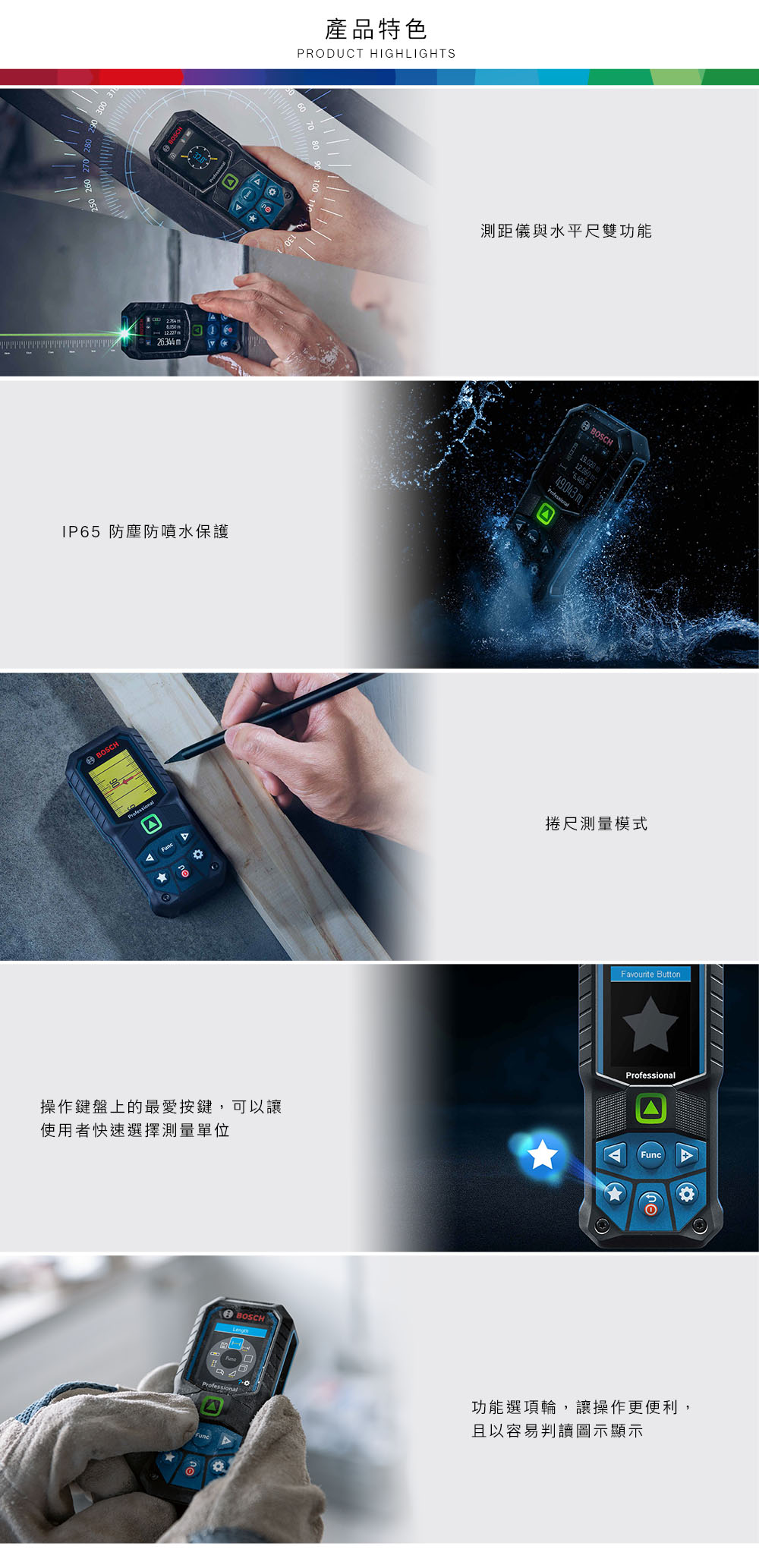 300 3126.344mIP65 防塵防噴水保護BOSCH產品特色PRODUCT HIGHLIGHTS測距儀與水平尺雙功能BOSCH49043 捲尺測量模式Favourite Button操作鍵盤上的最愛按鍵,可以讓使用者快速選擇測量單位ProfessionalBOSCHProfessionalFuncA功能選項輪,讓操作更便利,且以容易判讀圖示顯示