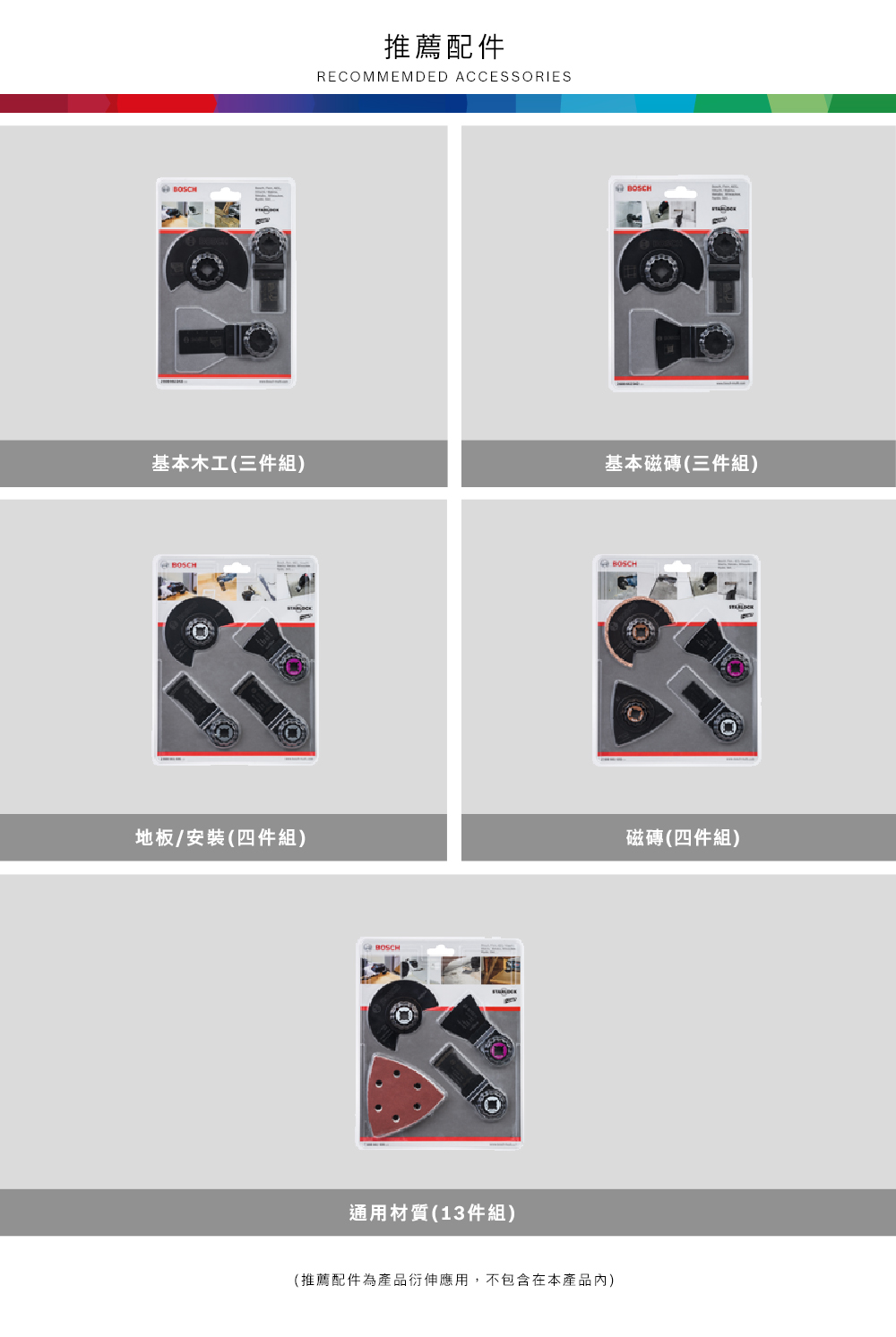基本木工(三件組)推薦配件RECOMMEMDED ACCESSORIESBOSCH基本磁磚(三件組)BOSCH地板/安裝(四件組)磁磚(四件組)通用材質(13件組)(推薦配件為產品衍伸應用,不包含在本產品內)