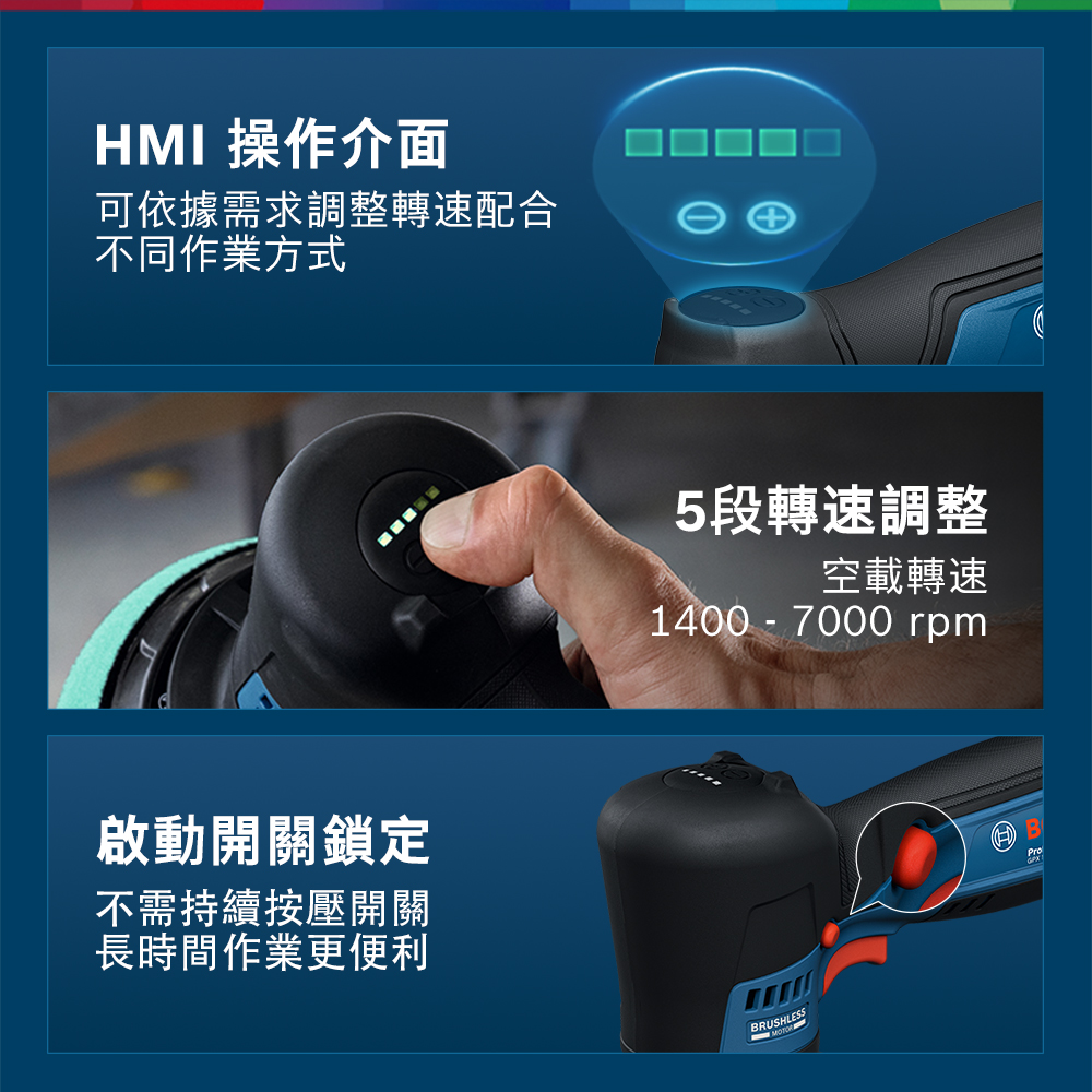 HMI 操作介面可依據需求調整轉速配合不同作業方式啟動開關鎖定不需持續按壓開關長時間作業更便利□□5段轉速調整空載轉速1400-7000 rpmRUSHLESS B