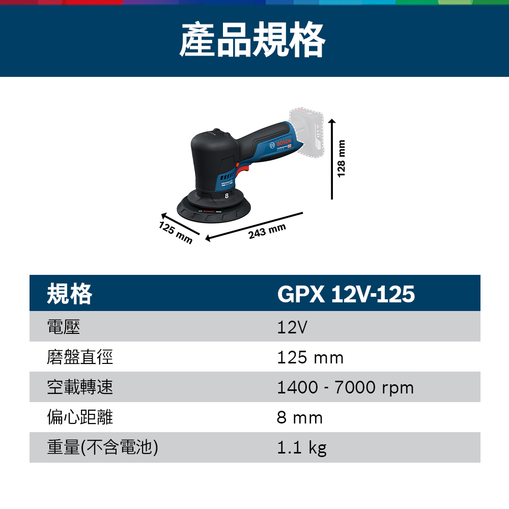 125 mm產品規格243 mmBOSCH128 mm規格電壓磨盤直徑空載轉速偏心距離重量(不含電池)GPX 12V-12512V125 mm1400-7000 rpm8 mm1.1 kg