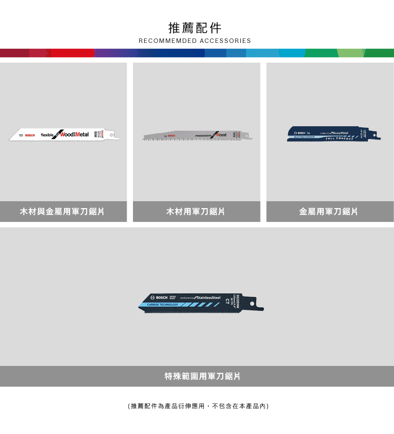 推薦配件RECOMMEMDED ACCESSORIES   Metal  CONTA木材與金屬用軍刀鋸片木材用軍刀鋸片金屬用軍刀鋸片BOSCH    CT特殊範圍用軍刀鋸片(推薦配件為產品衍伸應用,不包含在本產品內)