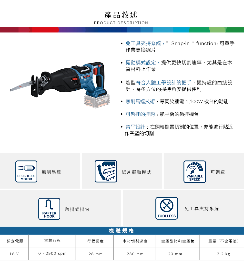 產品敘述PRODUCT DESCRIPTION免工具夾持系統:Snap-in function: 可單手作業更換鋸片擺動模式定,提供更快切割速率,尤其是在木質材料上作業造型符合人體工學設計的把手,握持處的設計、為多方位的握持角度提供便利\無刷馬達技術:等同於插電 1,100W 機的動能 可懸挂的挂鈎:能平衡的懸挂機台齊平設計:在翻轉倒置切割的位置,亦能進行貼近作業壁的切割無刷馬達鋸片擺動模式BRUSHLESS可調速MOTORVARIABLESPEED懸掛式掛勾RAFTERHOOK免工具夾持系統TOOLLESS機體規格額定電壓空載行程行程長度木材切割深度金屬型材和金屬管重量(不含電池)18 V0-2900 spm28 230 20 mm3.2 kg