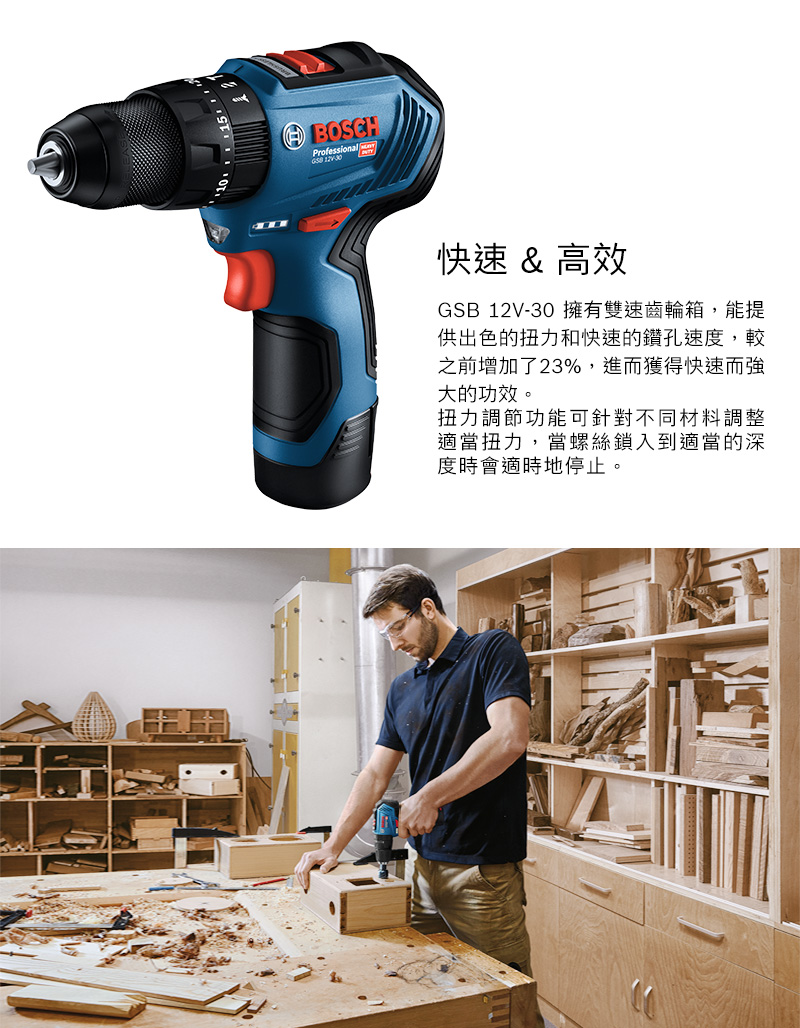 Professional快速 & 高效GSB 12V-30 擁有雙速齒輪箱,能提供出色的扭力和快速的鑽孔速度,較之前增加了23%,進而獲得快速而強大的功效。扭力調節功能可針對不同材料調整適當扭力,當螺絲鎖入到適當的深度時會適時地停止。