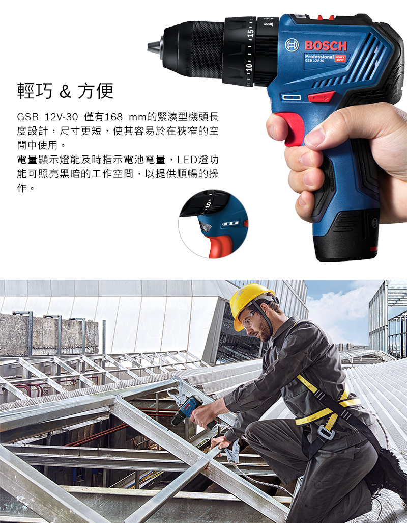 輕巧 & 方便GSB  僅有168mm的緊湊型機頭長度設計,尺寸更短,使其容易於在狹窄的空間中使用。電量顯示燈能及時指示電池電量,LED燈功能可照亮黑暗的工作空間,以提供順暢的操作。10 15HBOSCHProfessional 12V-30