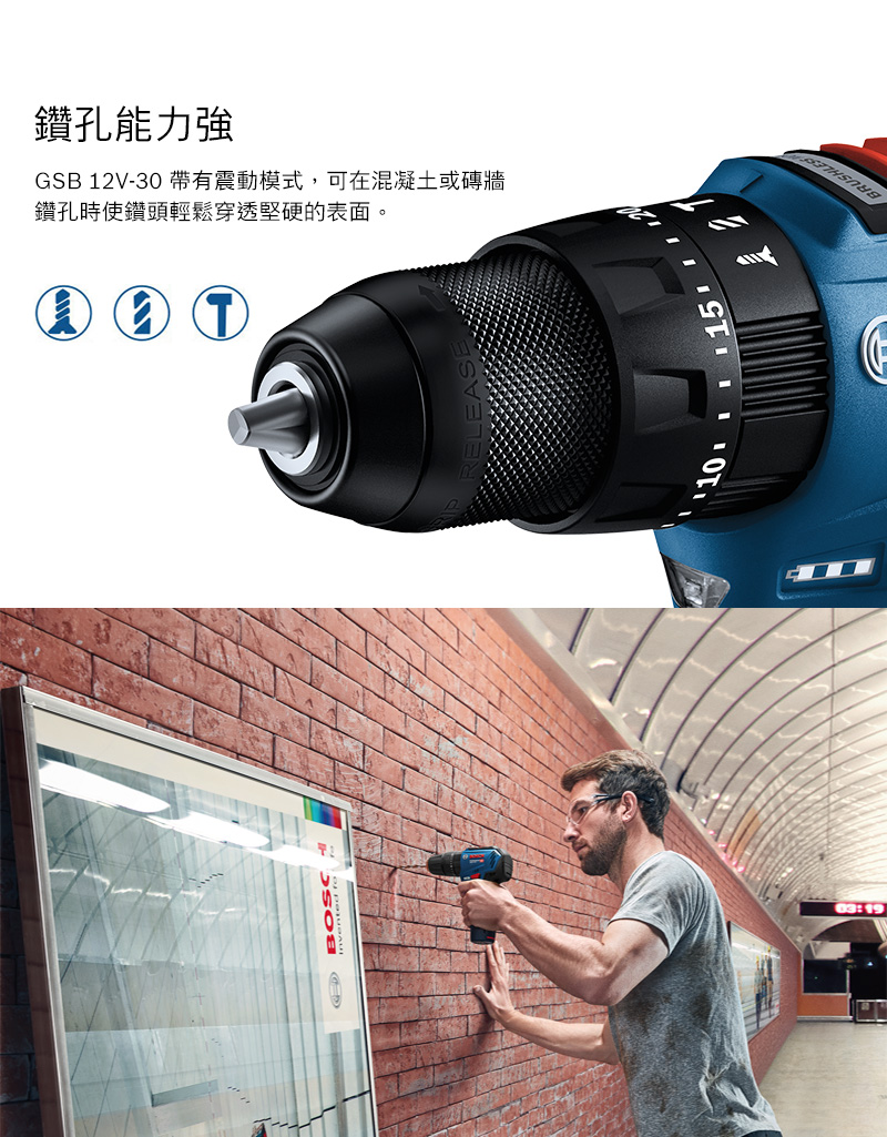 鑽孔能力強GSB 12V-30 帶有震動模式,可在混凝土或磚牆鑽孔時使鑽頭輕鬆穿透堅硬的表面。1003:19